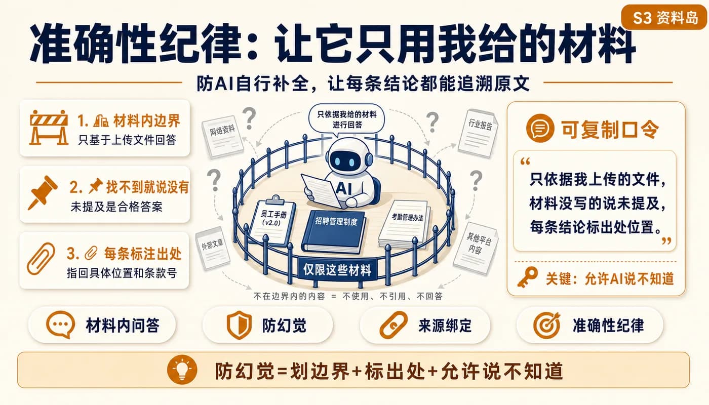 准确性纪律：让它只用我给的材料